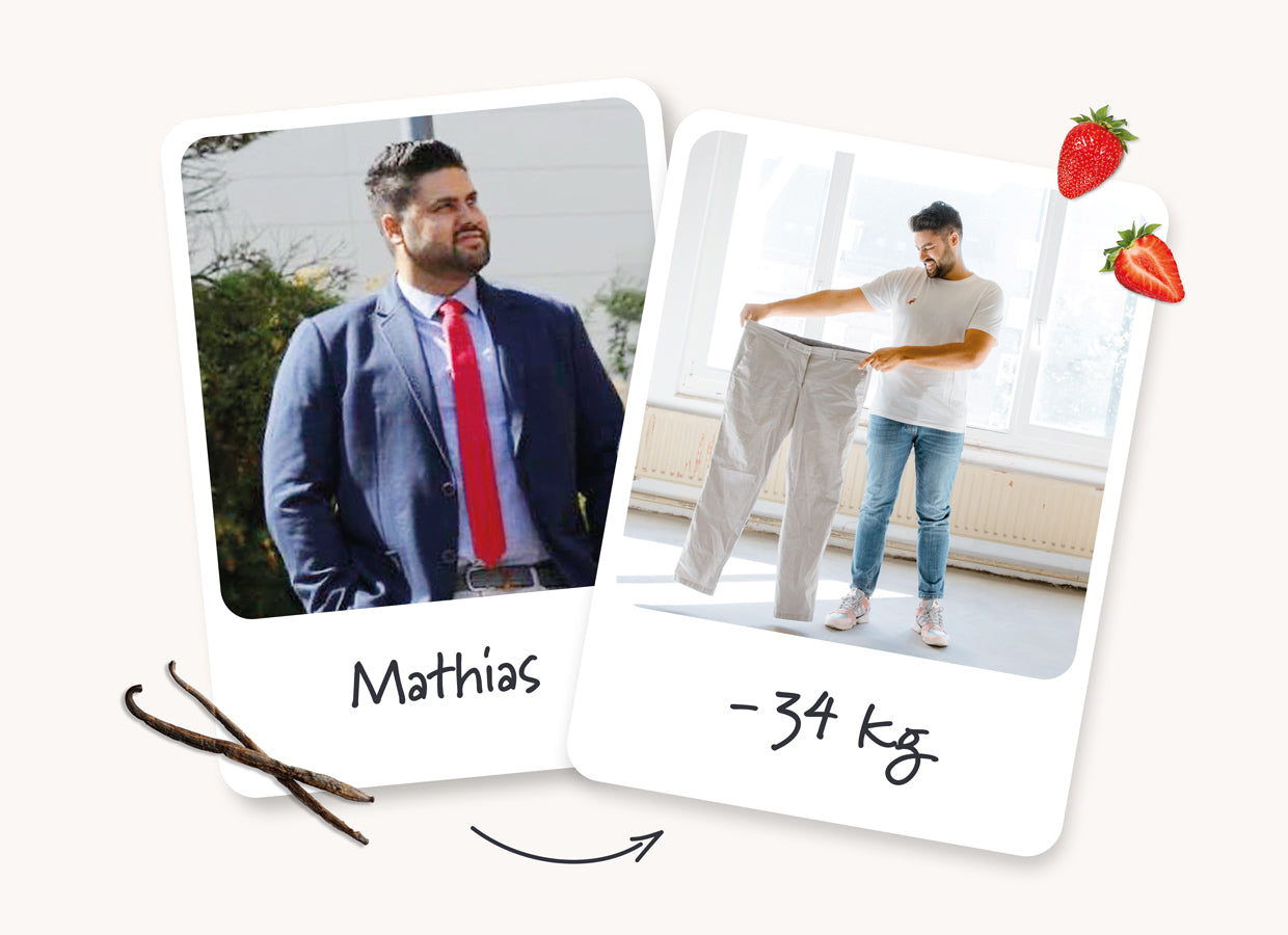 Vergleichsbild: Mathias Gewicht vor vs. nach SHEKO (-34 kg)