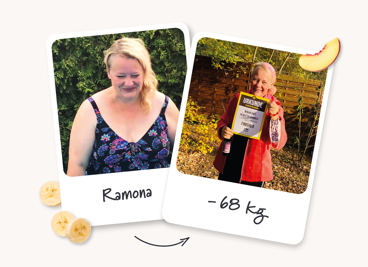 Vergleichsbild: Ramonas Gewicht vor vs. nach SHEKO (-68 kg)