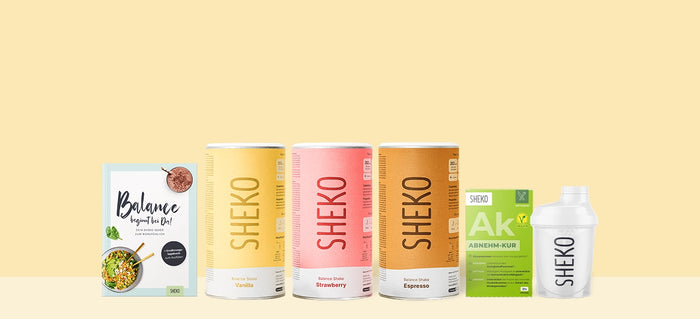 SHEKO Monatsset – 3 Shakes nach Wahl, Abnehmkur, Shaky Shaker, Buch "Balance beginnt bei dir"