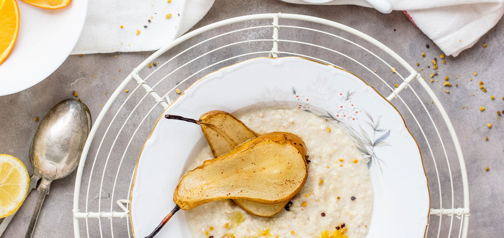 Protein-Milchreis mit karamellisierter Birne