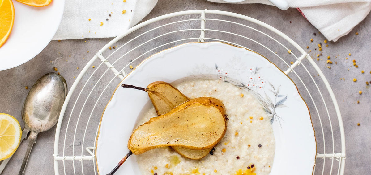 Protein-Milchreis mit karamellisierter Birne - SHEKO