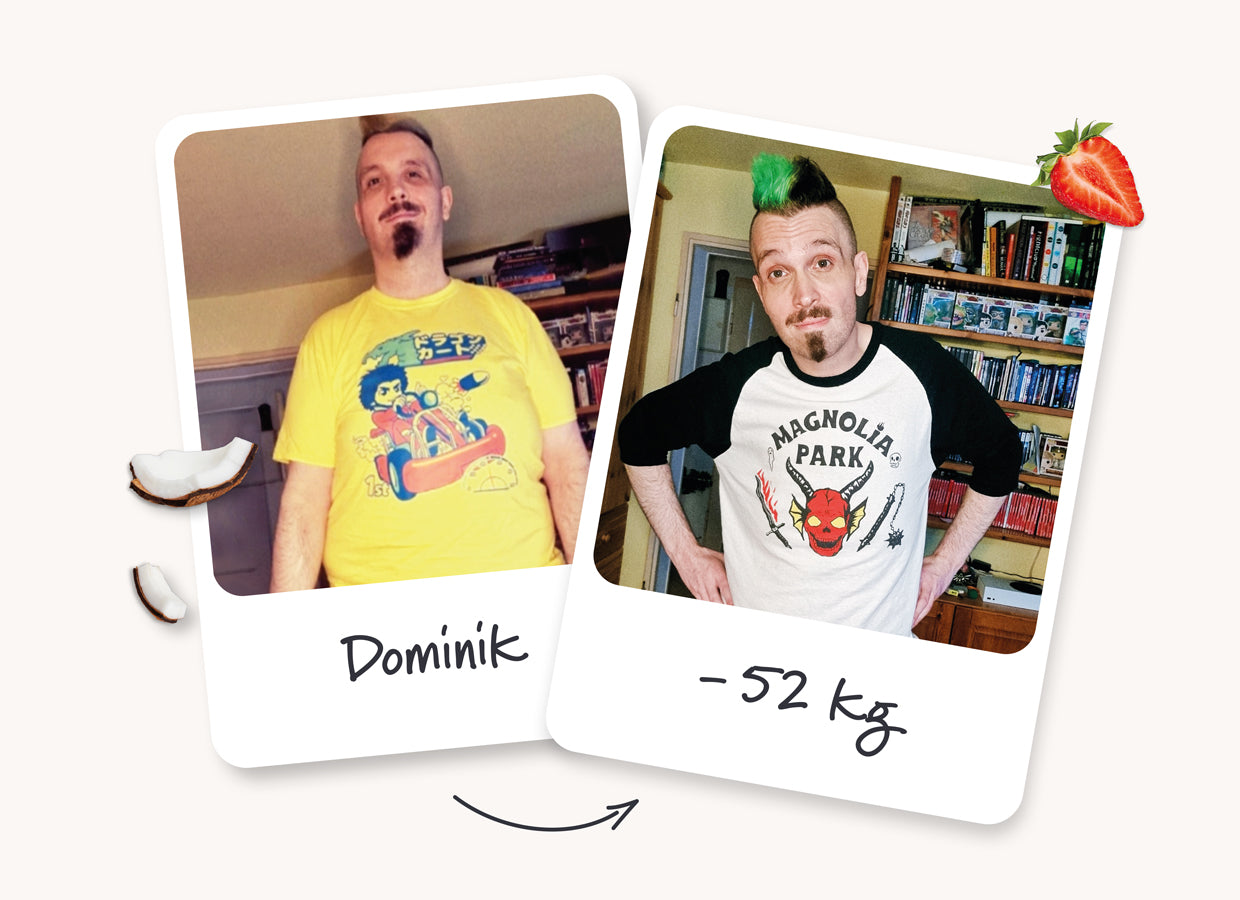 Vergleichsbild: Dominiks Gewicht vor vs. nach SHEKO (-52 kg)