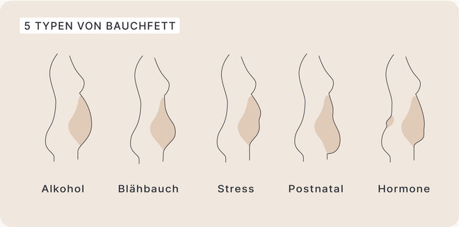 Grafik: 5 Typen von Bauchfett: Alkohol, Blähbauch, Stress, Postnatal, Hormone